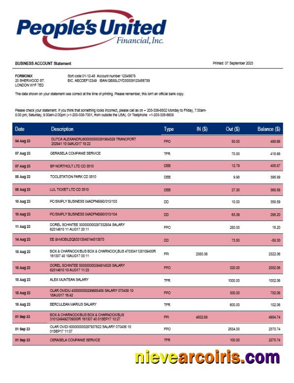 People’s United Bank business statement